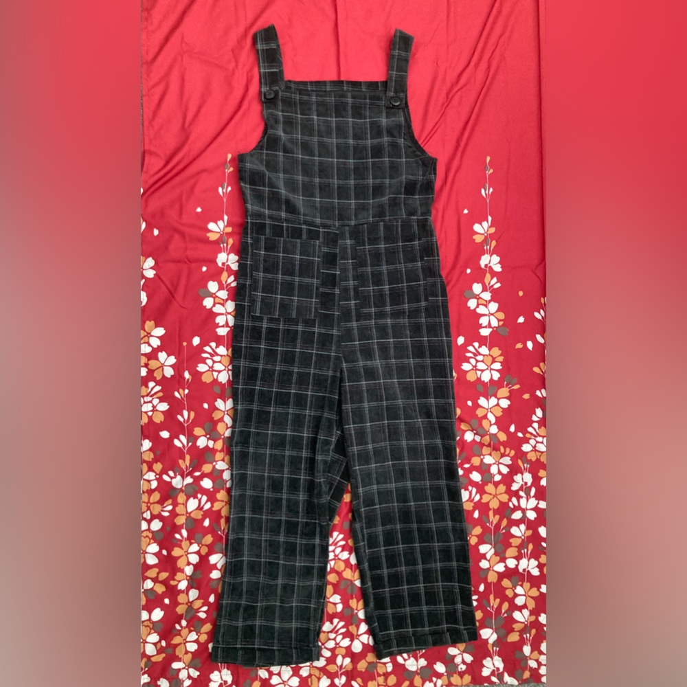 SHEIN overalls/jumpsuit in black, red, and white plaid check